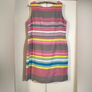 Tahari Linen Blend Striped Multicolor Sleeveless Dress 12 Petite Hot Pink Yellow
